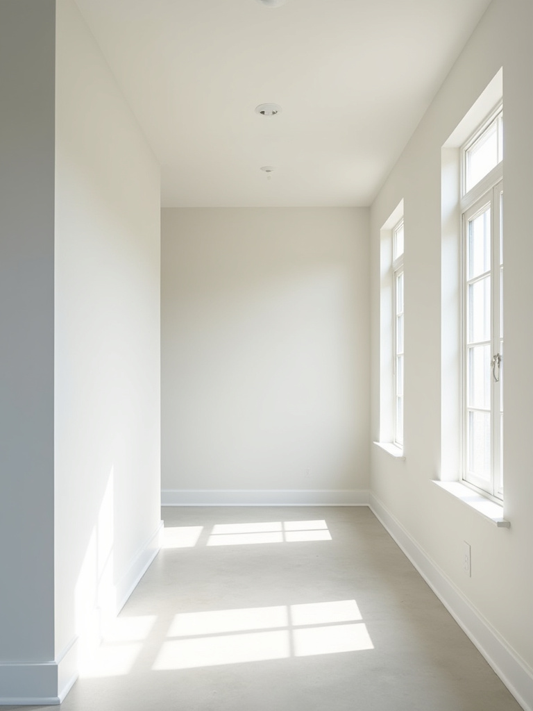A brightly lit, empty mudroom laundry room, showcasing a clear floor plan and open pathways, emphasizing optimal space assessment and traffic flow for mudroom laundry room ideas.