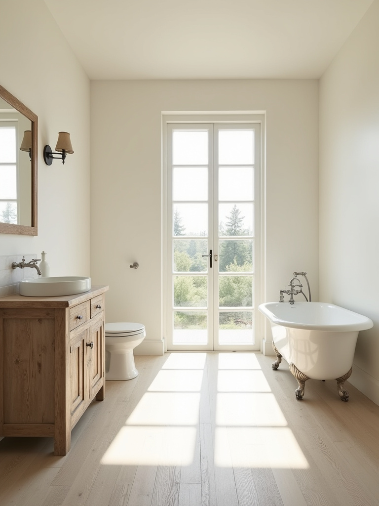Well-lit farmhouse bathroom interior with essential fixtures, demonstrating a layout assessment for improved spatial flow and rustic charm.