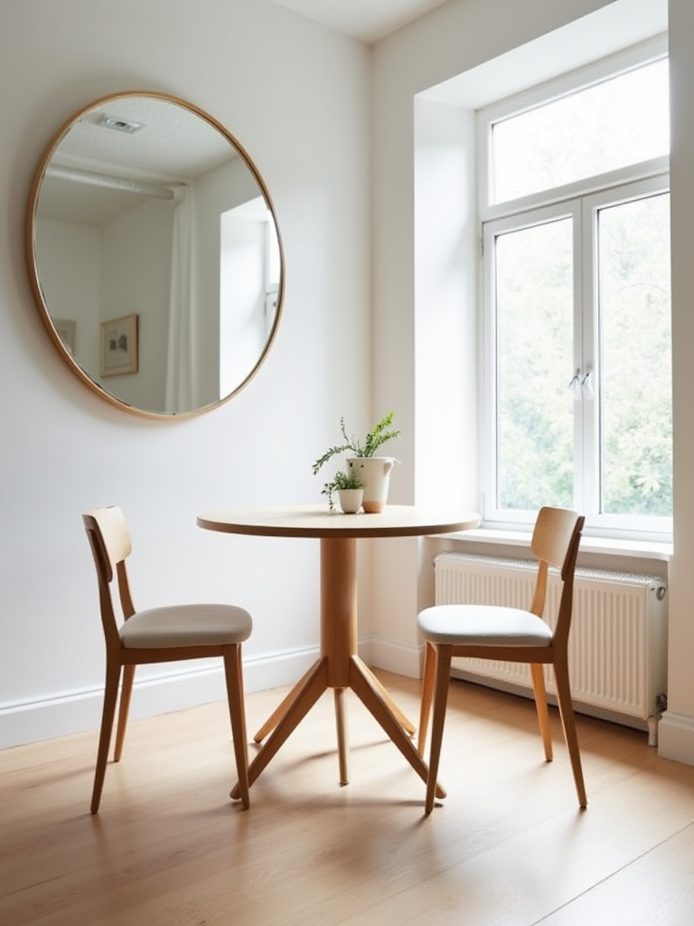 A bright, modern small dining room with a round pedestal table and minimalist transparent chairs, designed to avoid overstuffing and maximize perceived space. A large mirror reflects natural light.