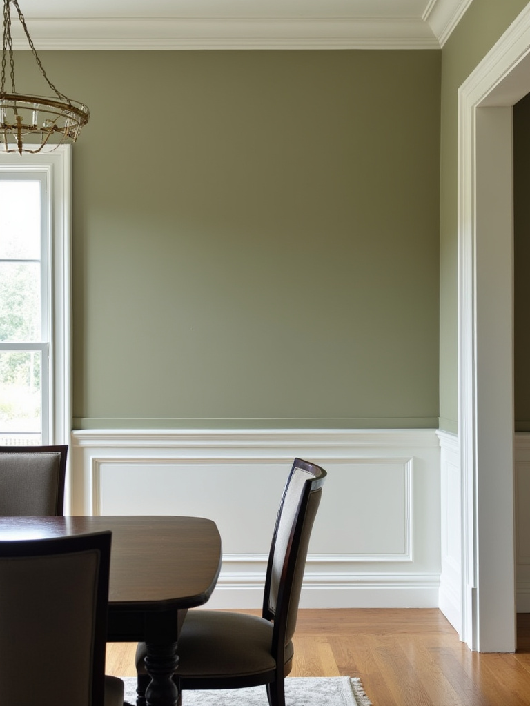 Elegant dining room showing a seamlessly blended accent wall with adjoining walls and trim in harmonious tones, creating a cohesive and sophisticated space.