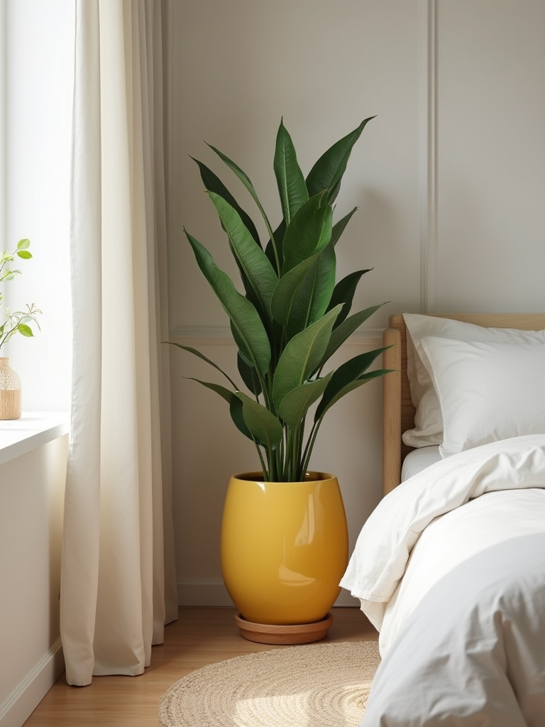 Portrait of a bright bedroom corner with a tall yellow ceramic planter and green plant
