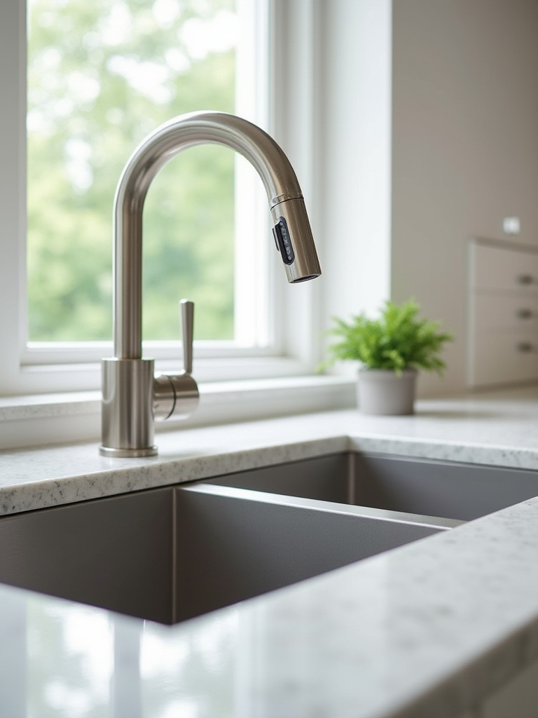 Modern kitchen interior showcasing a premium stainless steel faucet and polished quartz countertops under natural light, symbolizing investment in high-quality fixtures and finishes.