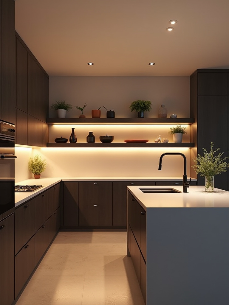 Modern kitchen at night, showing a harmonious blend of warm ambient recessed lights and cool accent LED strip lighting under shelves and cabinets, creating a functional and cozy atmosphere.