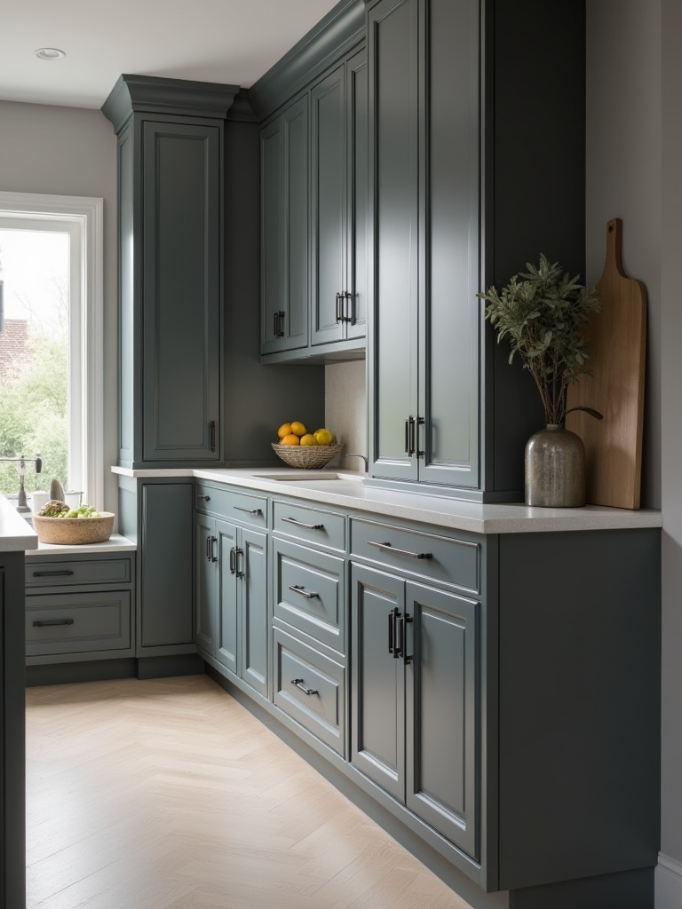 Modern kitchen featuring sleek gray shaker cabinetry with built-in pull-out pantry shelves and deep drawers, showcasing both excellent storage function and contemporary form.