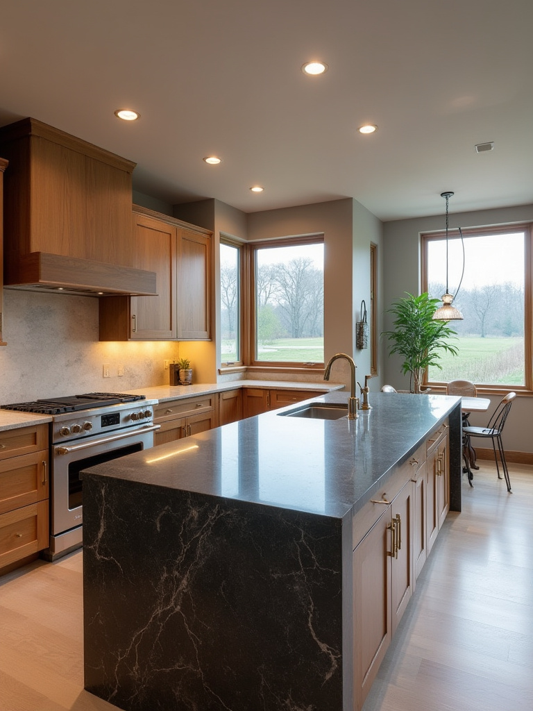 Luxurious kitchen with two-tone countertops and warm lighting