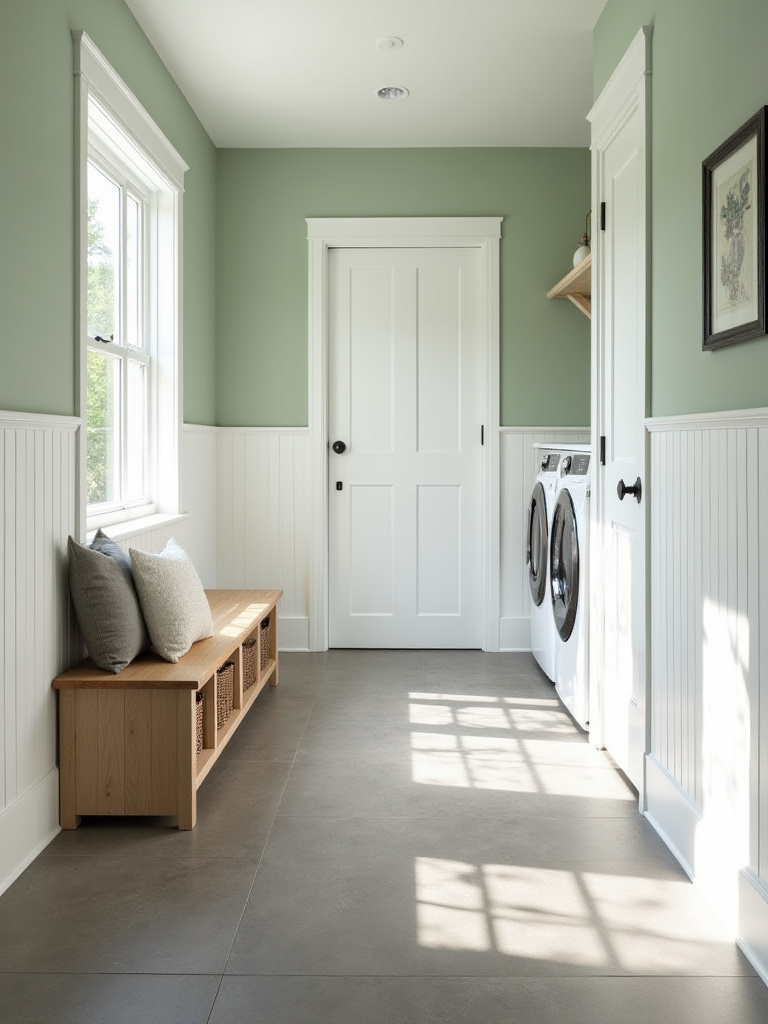Modern mudroom laundry room featuring durable porcelain tile flooring, protective white wainscoting, and easy-to-clean semi-gloss walls.