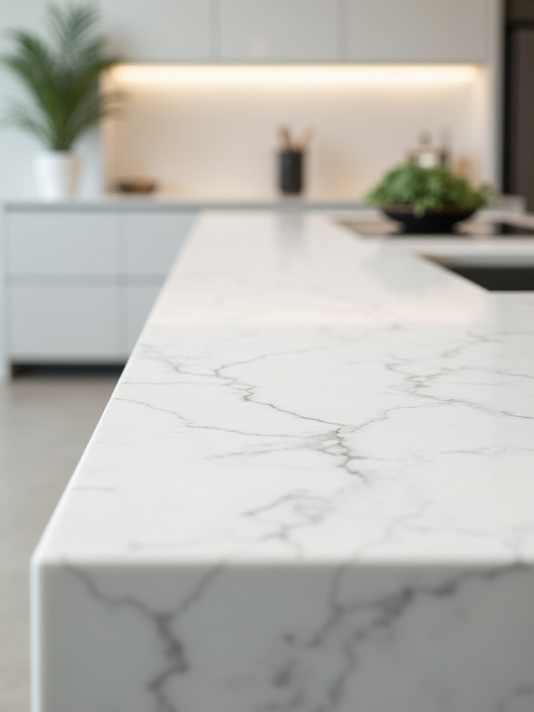 Modern kitchen island with seamless light-colored quartz countertop and waterfall edge, reflecting sleek design.