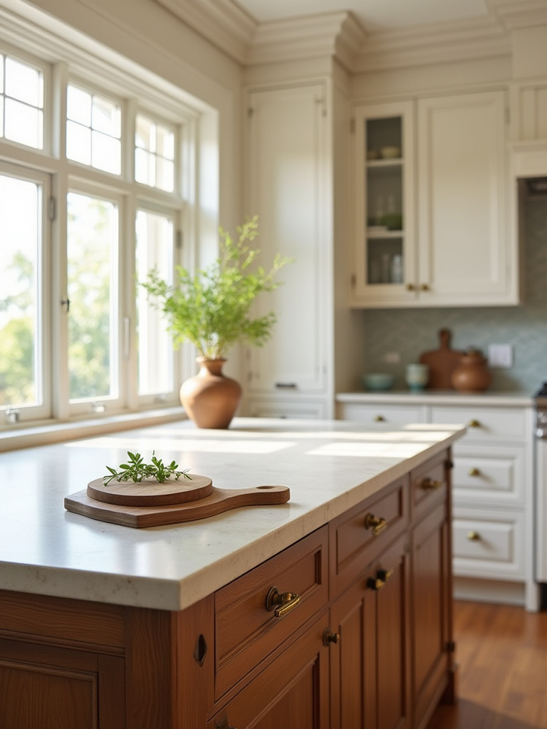 Portrait of a traditional kitchen island with honed countertop materials showing subtle character