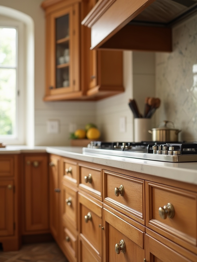 Portrait of traditional cabinetry hardware with unlacquered brass pulls and porcelain knobs