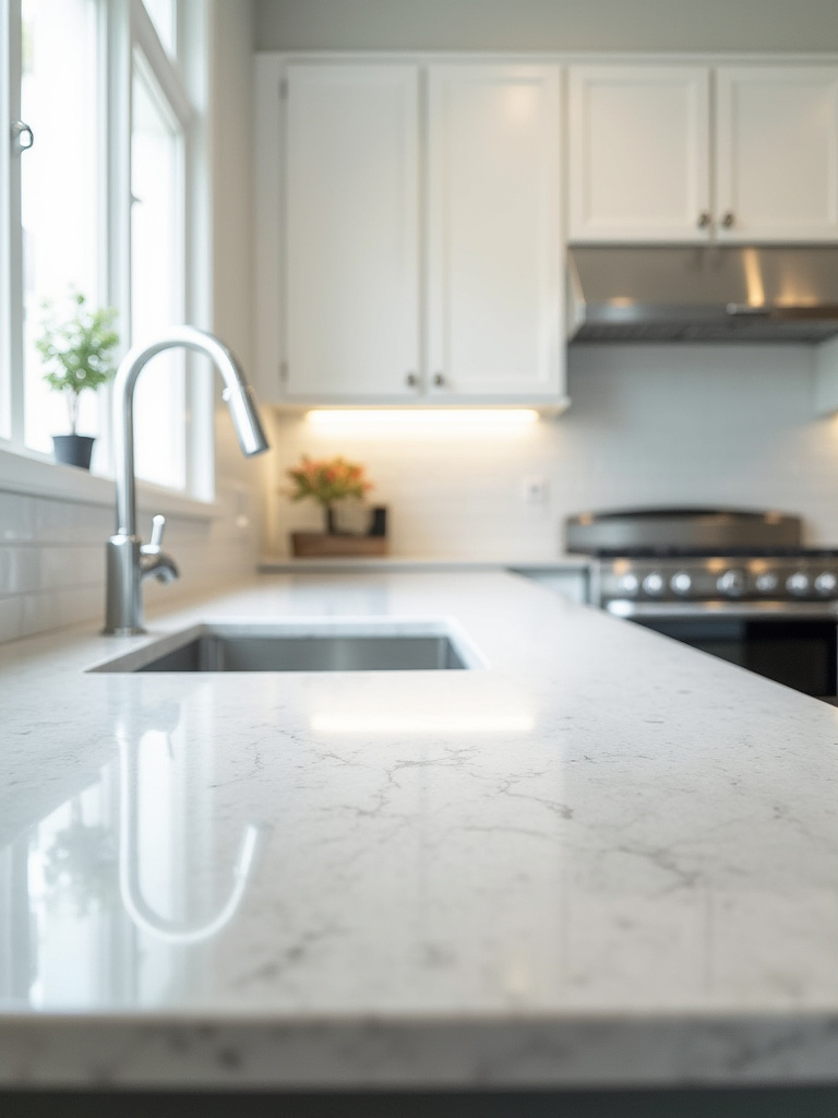 A pristine, modern kitchen featuring durable light gray quartz high-performance countertops on an island and perimeter, showcasing longevity and sleek design.