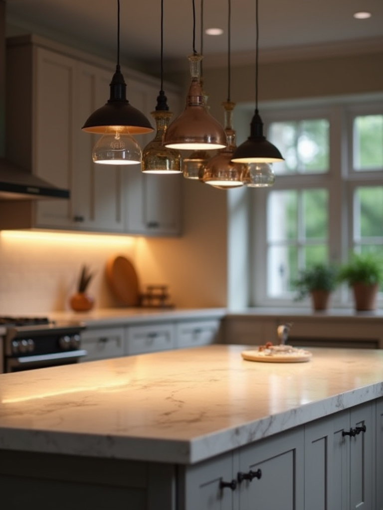 Portrait of a modern kitchen with island and pendant lights for task-focused illumination, no people