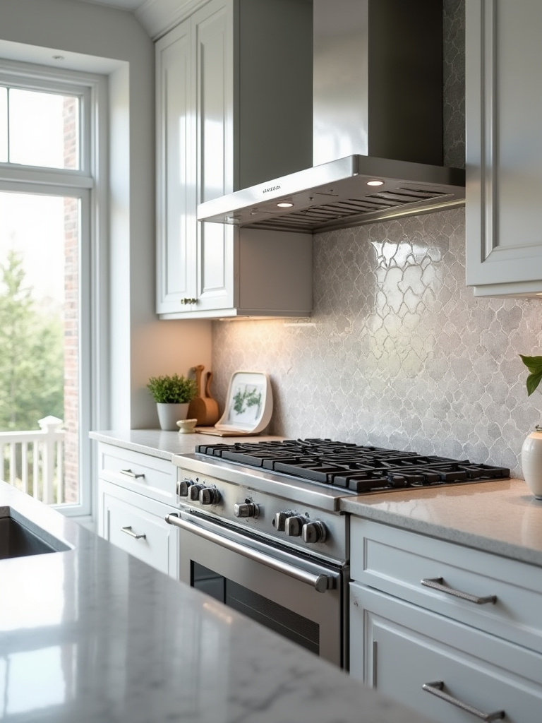 A stylish kitchen featuring a ceramic tile backsplash with an intricate pattern behind a stainless steel range, offering both visual interest and wall protection.