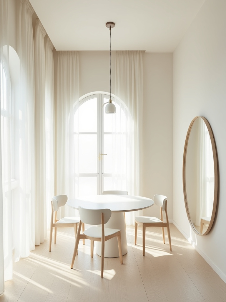 A small dining room with off-white walls and light blonde hardwood floors, featuring a minimalist white dining table, light chairs, and a large mirror that reflects natural light, creating a bright and spacious atmosphere.