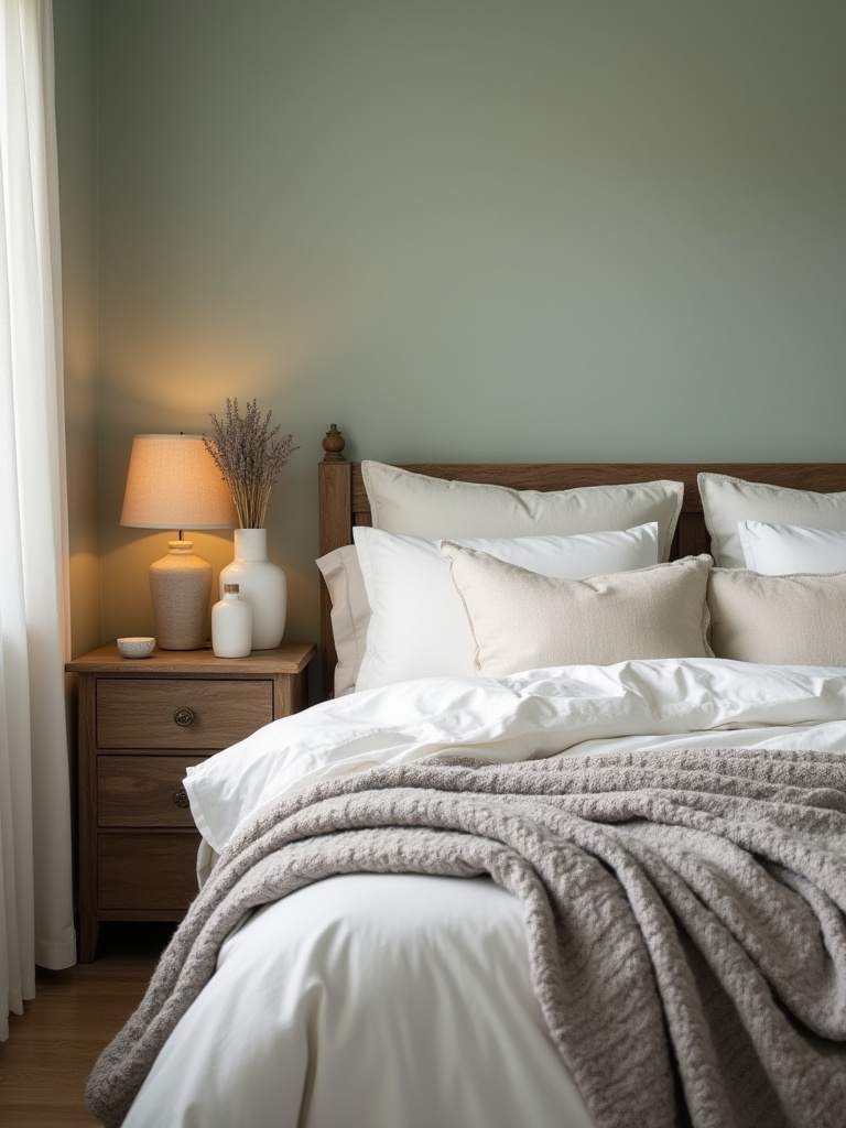 A peaceful bedroom corner with muted sage green walls, luxurious off-white bedding, and soft gray blankets, embodying a soothing color palette for relaxation.