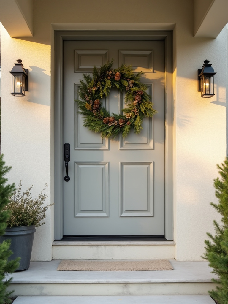 Vertical front door with welcoming wreath as focal point