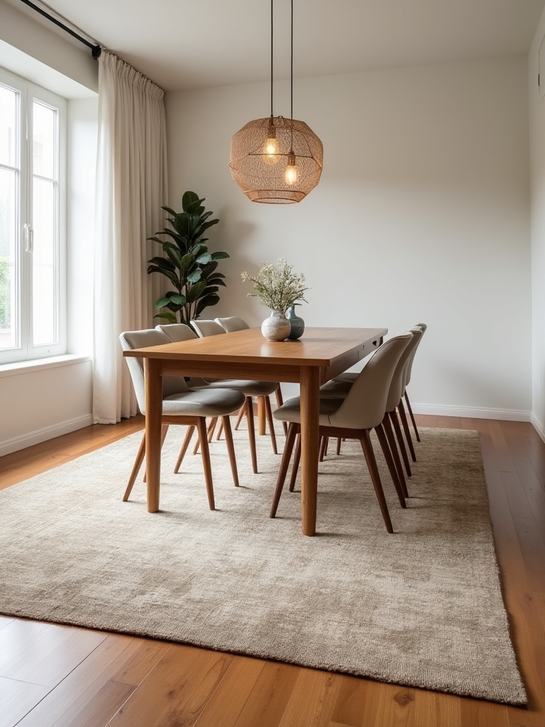 Dining room anchored by a textured area rug under a wood dining table