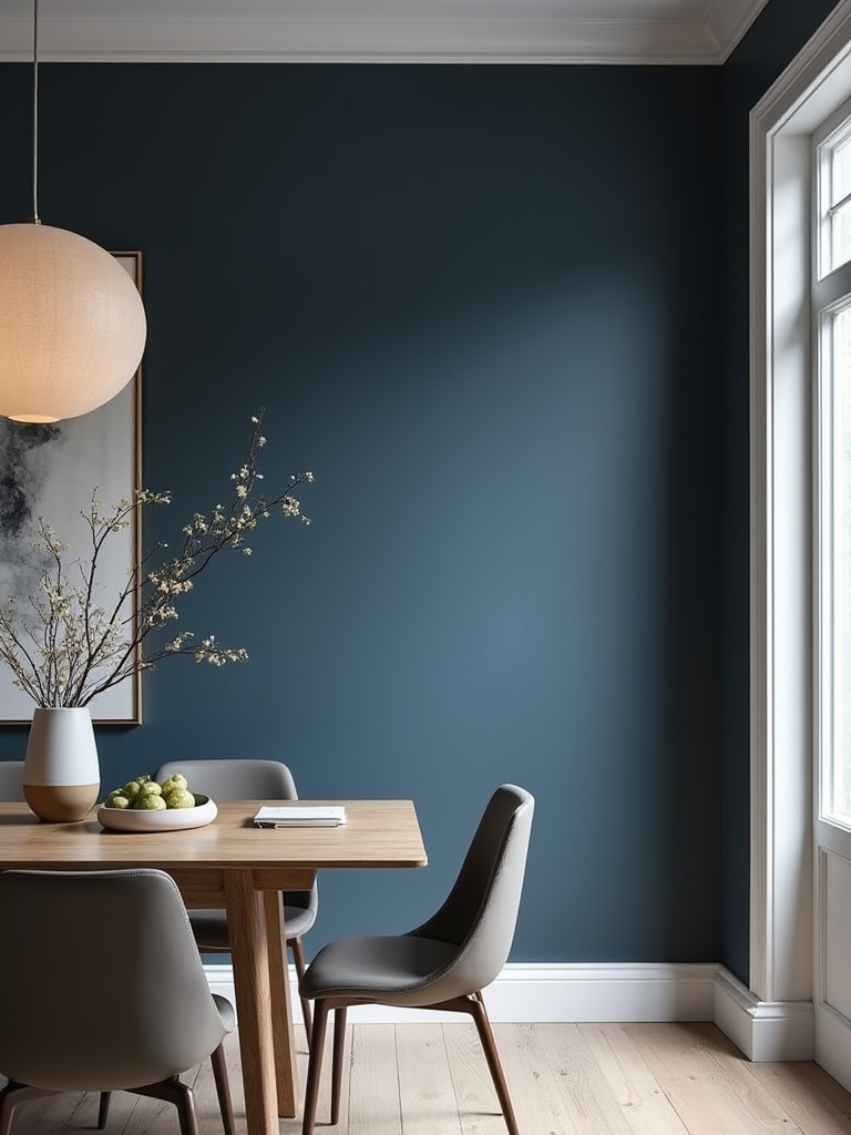 Dining room accent wall with a perfect paint finish, showcasing subtle sheen and durability under natural light