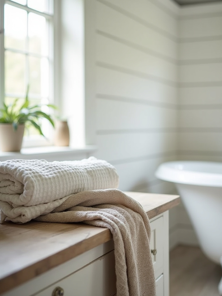Close-up of folded white waffle weave bath sheet and a draped natural linen hand towel on a wooden shelf in a farmhouse bathroom, showcasing texture.