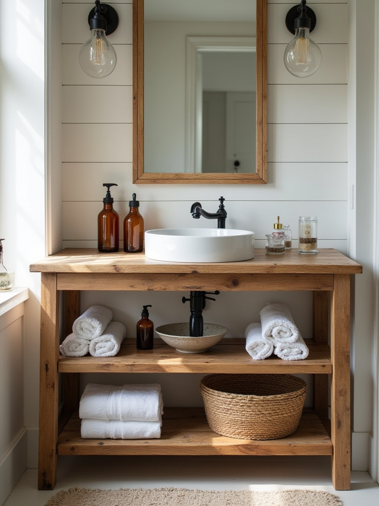 A rustic wood vanity with open shelving, displaying neatly organized towels and decorative items, serving as a charming focal point in a farmhouse bathroom.