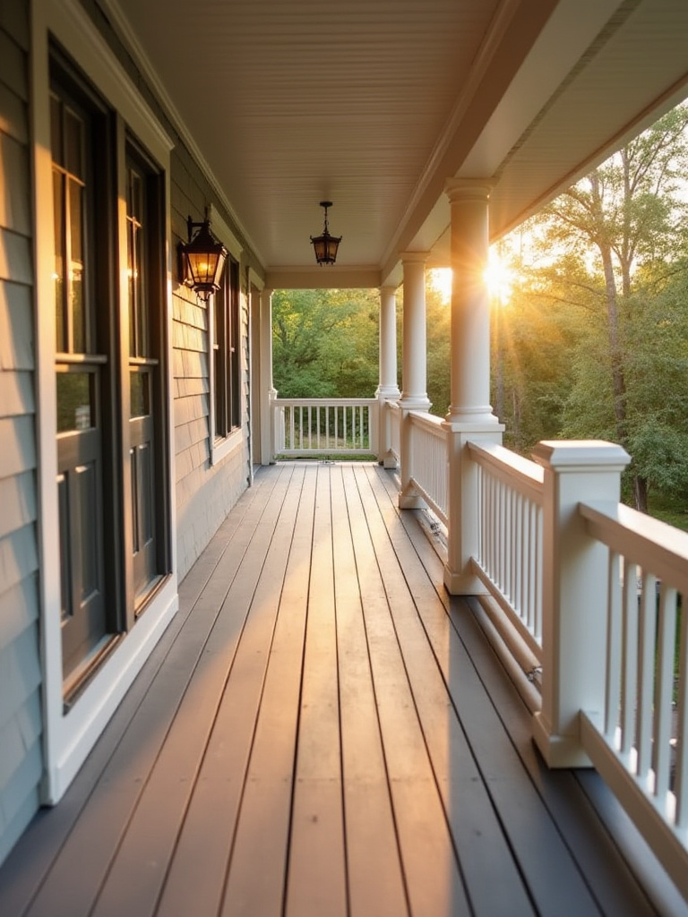 Portrait of a well-maintained remodeled porch bathed in warm sunlight.