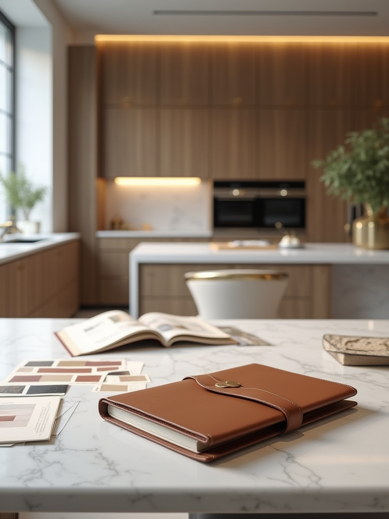 Portrait planning mood boards and luxury kitchen materials