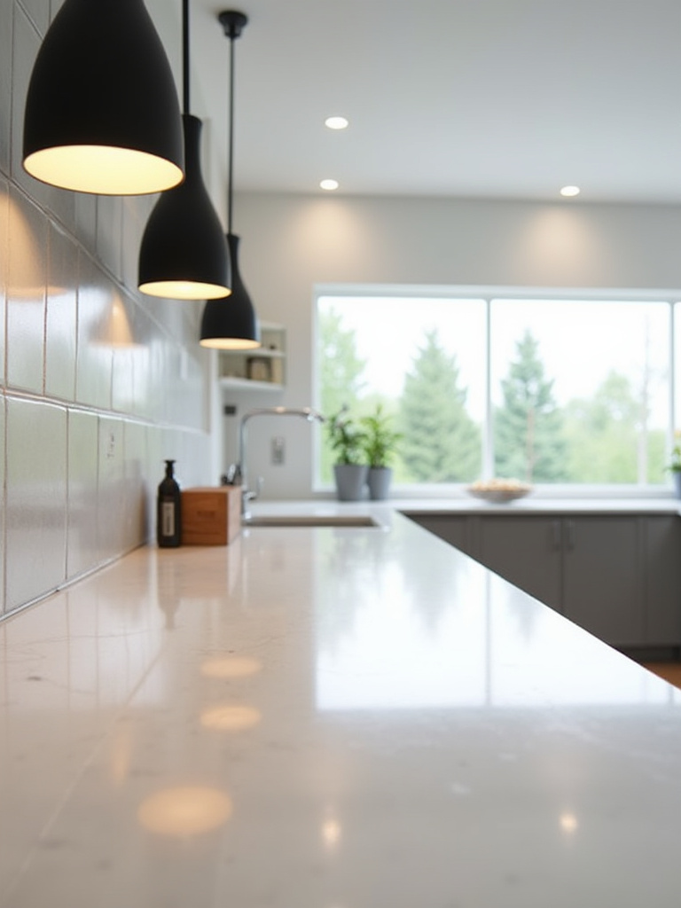 A pristine, newly renovated kitchen with gleaming countertops and perfectly installed cabinetry, showing impeccable finishes during a final inspection.