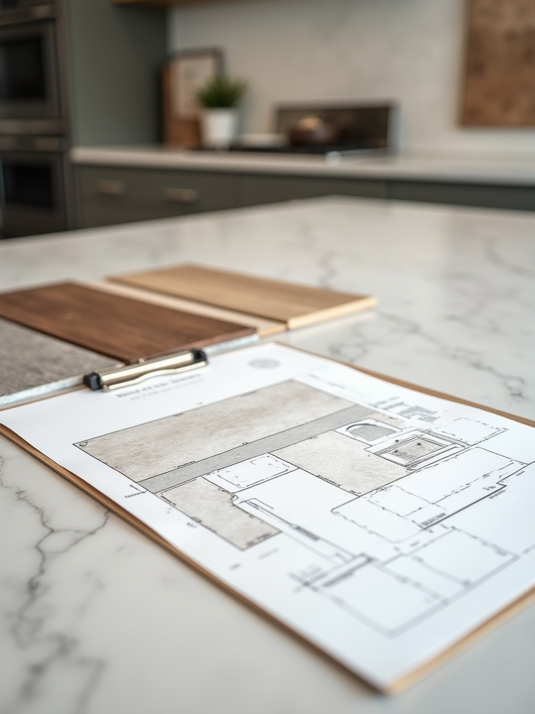 Contemporary kitchen counter with personalized kitchen layout schematic and material samples, representing a lifestyle-driven needs assessment for custom design.