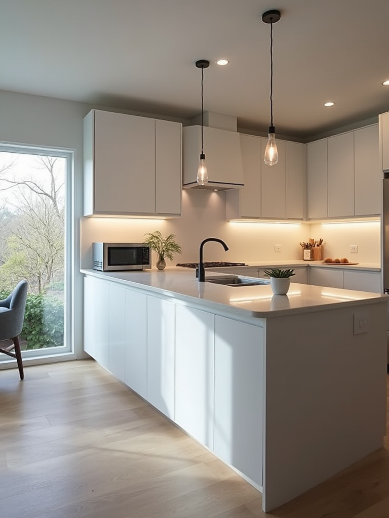 Portrait-style kitchen with layered lighting showing planning for zones