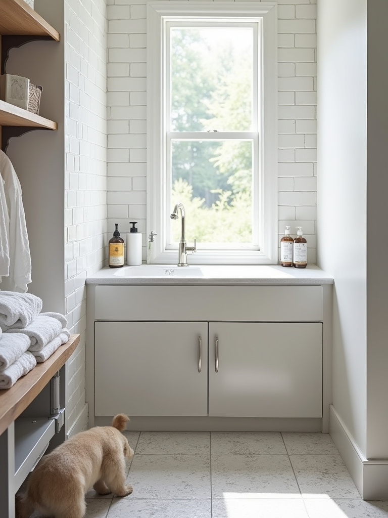 Professional photo, interior view of a modern and functional pet washing station seamlessly integrated into a mudroom, portrait orientation. The station features a deep, white utility sink or a tiled shower pan set at an ergonomic height. The walls around the station are tiled with light gray subway tiles. A flexible pull-out sprayer is mounted above the basin. Adjacent to the washing area, there are neatly arranged towels on a wooden shelf and sleek containers for pet shampoo. The flooring is a durable, textured non-slip porcelain tile. Bright, natural diffused light streams from an unseen window, highlighting the cleanliness and practicality of the space. No people, no pets, no text, full scene. Eye-level camera angle, clean aesthetic.