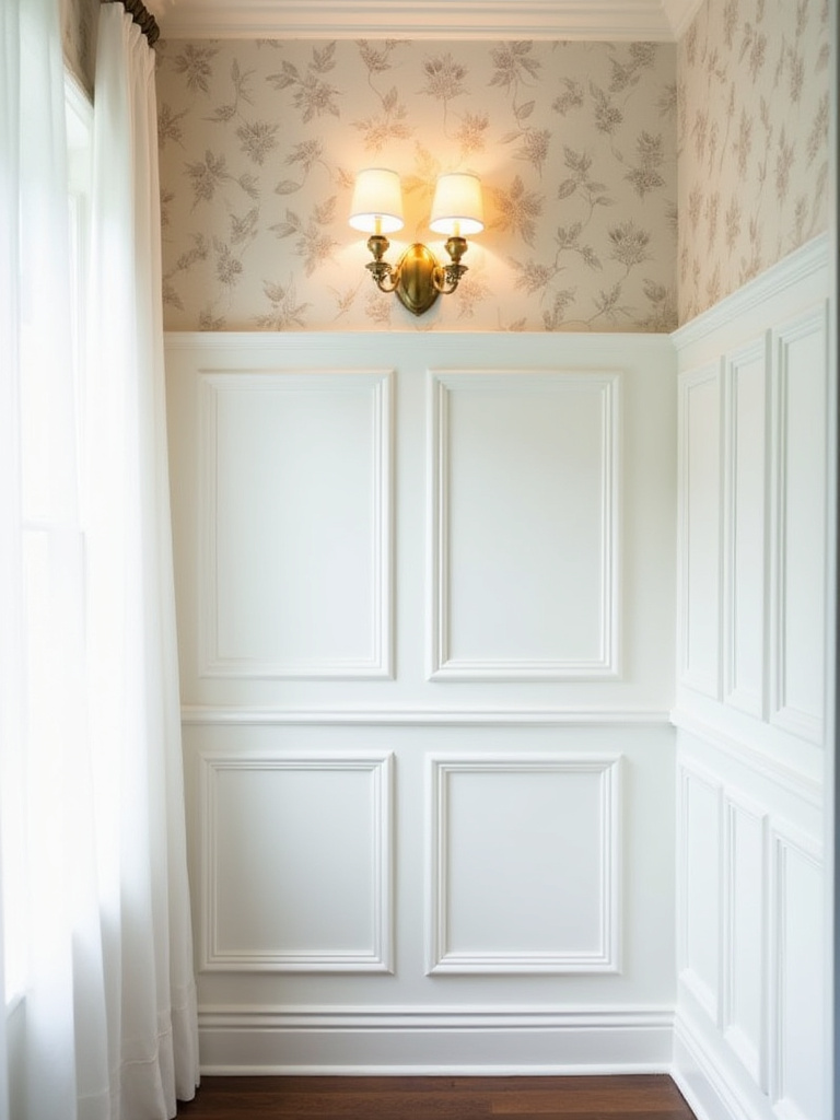 Dining room accent wall featuring elegant white wainscoting with recessed panels beneath a soft floral wallpaper, illuminated by natural light and a brass sconce.