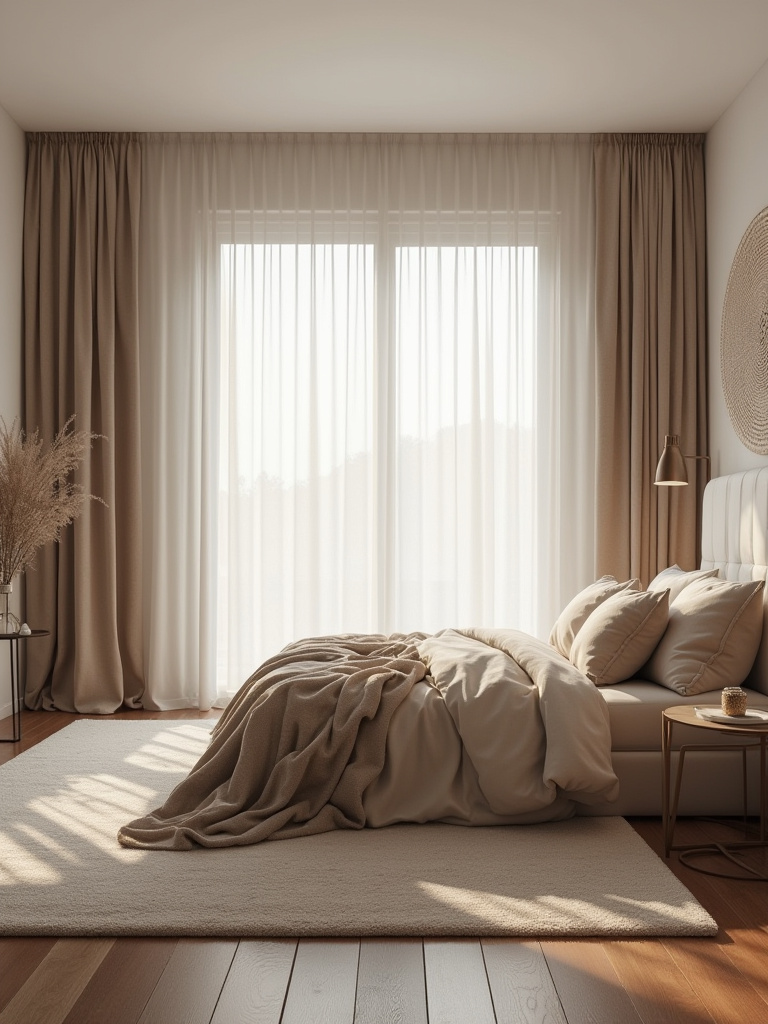 A serene bedroom featuring plush upholstered headboard, thick sound-absorbing drapes, and a large area rug, creating a tranquil, sound-dampened cozy retreat.