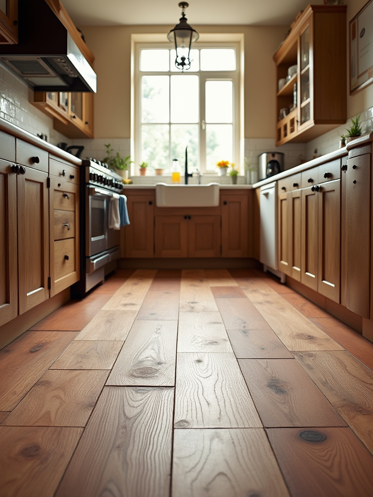 Portrait view of a timeless kitchen floor highlighting traditional materials with warm lighting