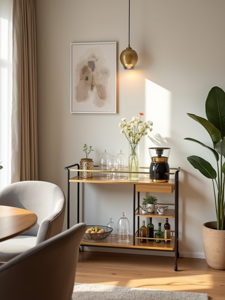 Elegant dining room bar cart and coffee bar setup