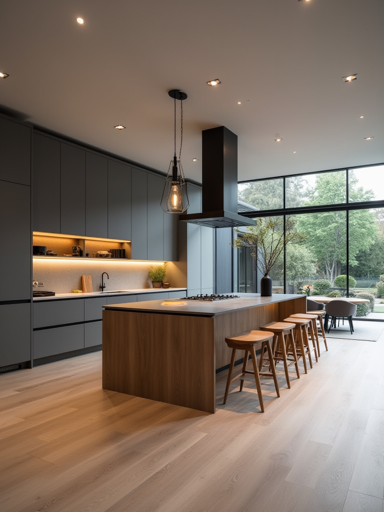 A meticulously designed modern kitchen showcasing innovative layout, sleek cabinetry, and a multi-functional island, emphasizing professional planning and sophisticated aesthetics.