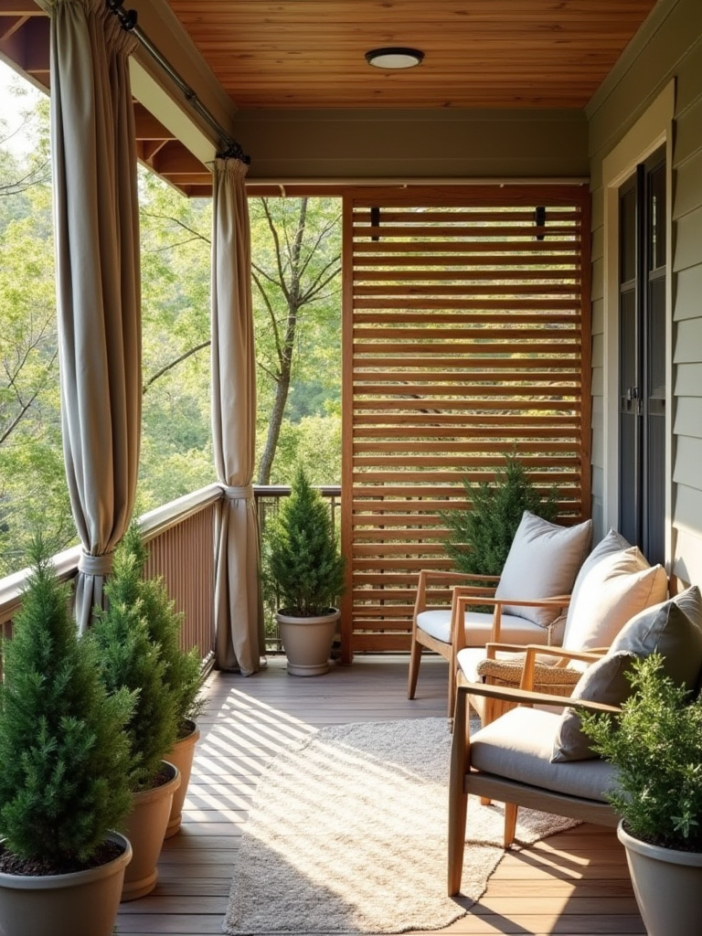 Portrait view of a privacy-enhanced porch with screens, curtains, and greenery