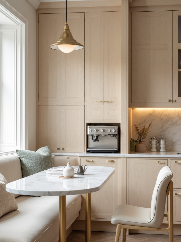 Luxurious kitchen breakfast nook with built-in coffee bar.