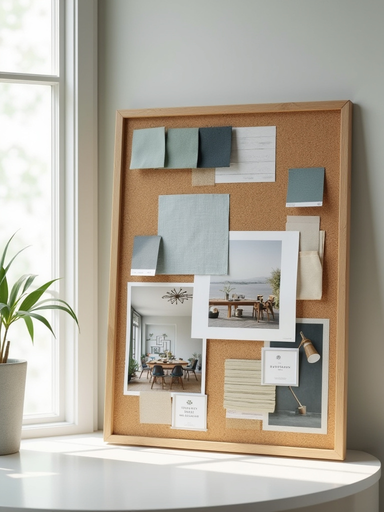 A visually rich mood board displayed on a clean workspace, featuring swatches of paint chips, fabric textures, wood veneers, and inspiring design images for a dining room accent wall project, under soft natural light.