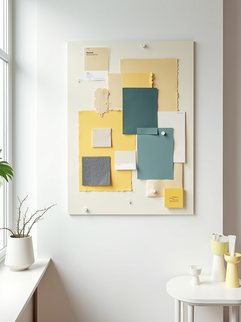 Portrait view of a vertical mood board with yellow swatches and textiles for a cohesive yellow bedroom palette