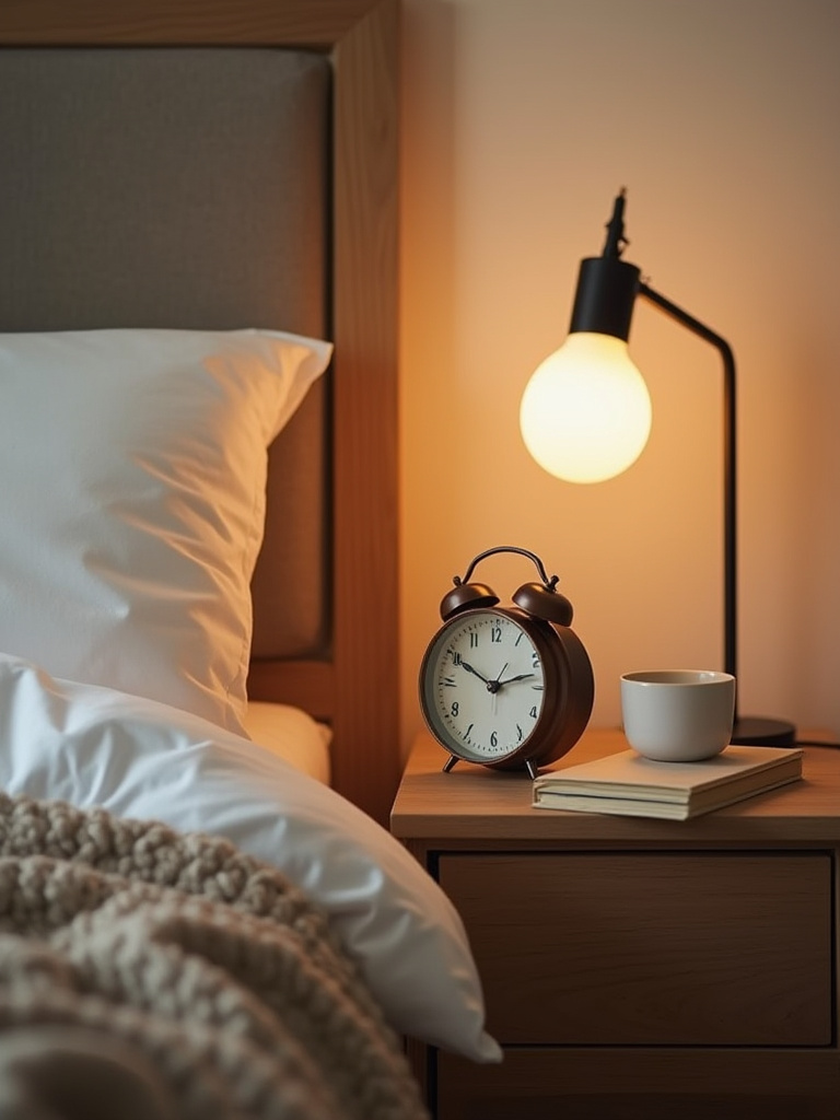 Cozy bedroom bedside table with an analog alarm clock and book, no electronic devices, promoting a tech-free sleep environment for better rest.