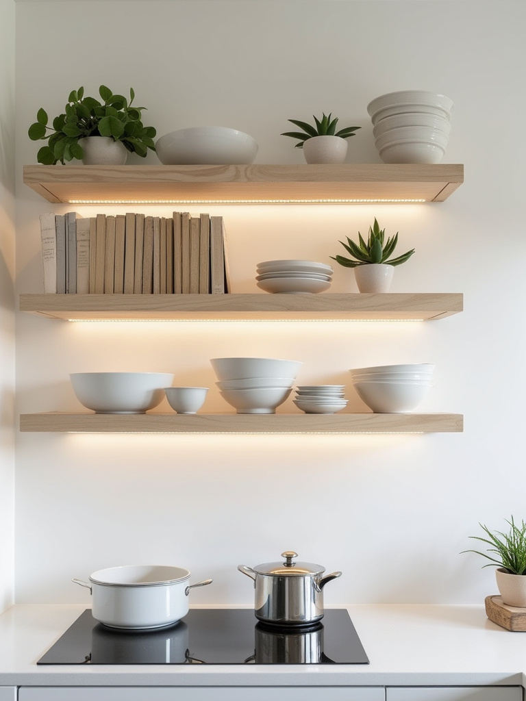 Modern rustic kitchen with three distressed wood floating shelves displaying white ceramic bowls and succulents, acting as a stylish statement piece.