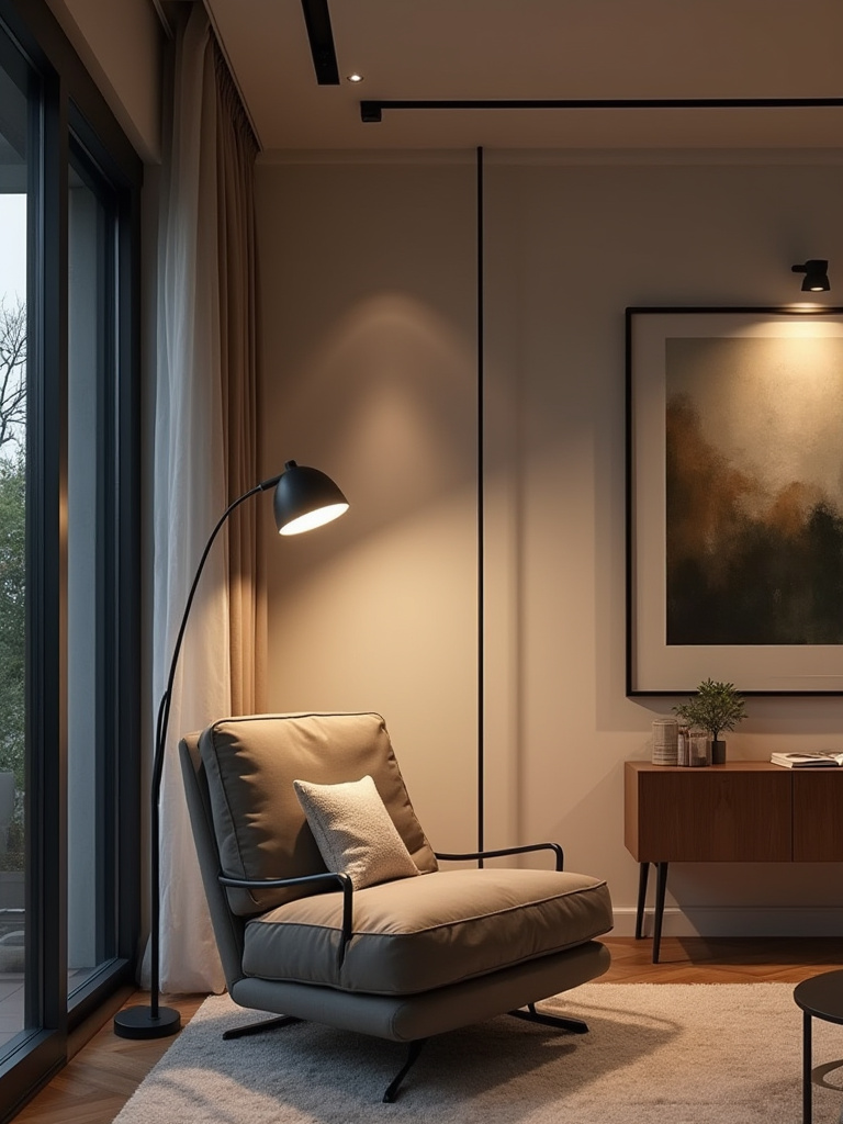 A modern living room at dusk, showcasing layered lighting with recessed ambient lights, a functional floor lamp, and accent lighting highlighting artwork, demonstrating a strategic living room lighting plan for ambiance and task.