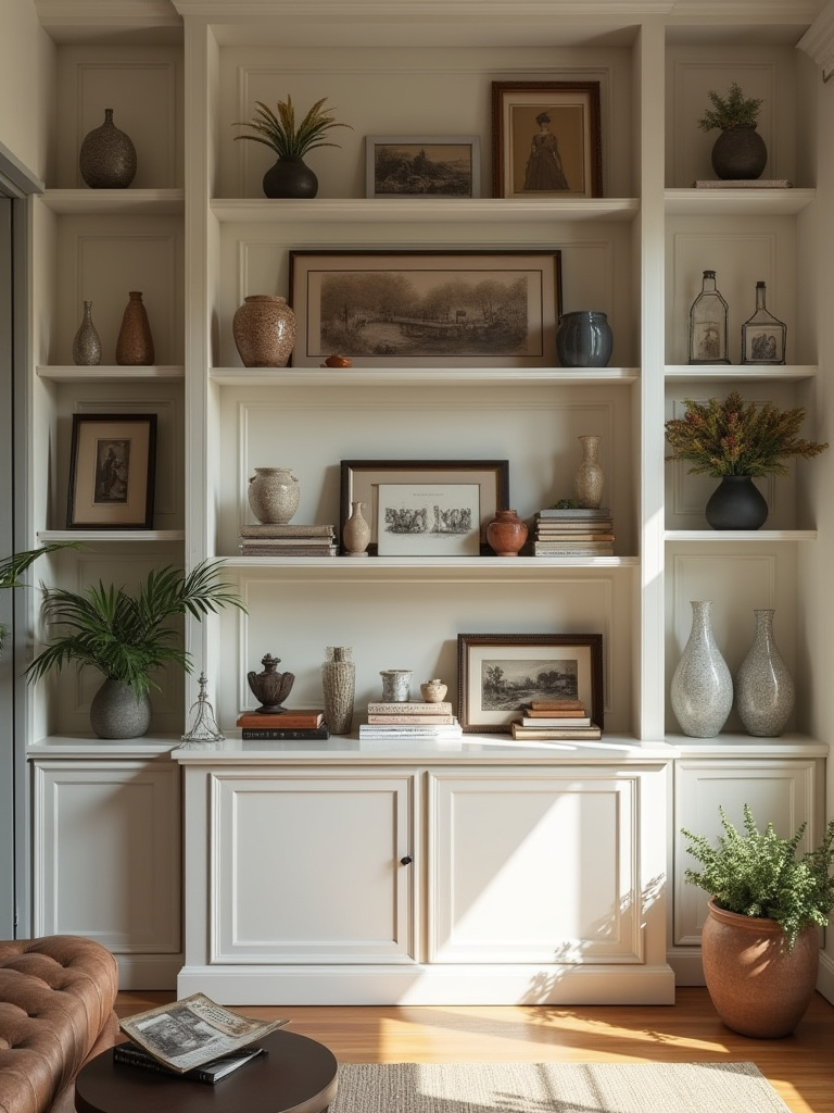 A beautifully curated collection of meaningful decor on a living room console table, showcasing unique personal items arranged thoughtfully with varying heights and textures, creating a warm, personalized ambiance.
