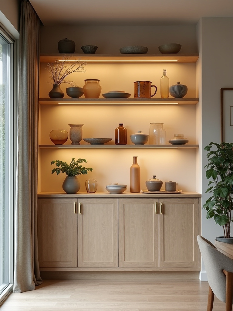 Curated open shelving display in a dining room with glassware and ceramics