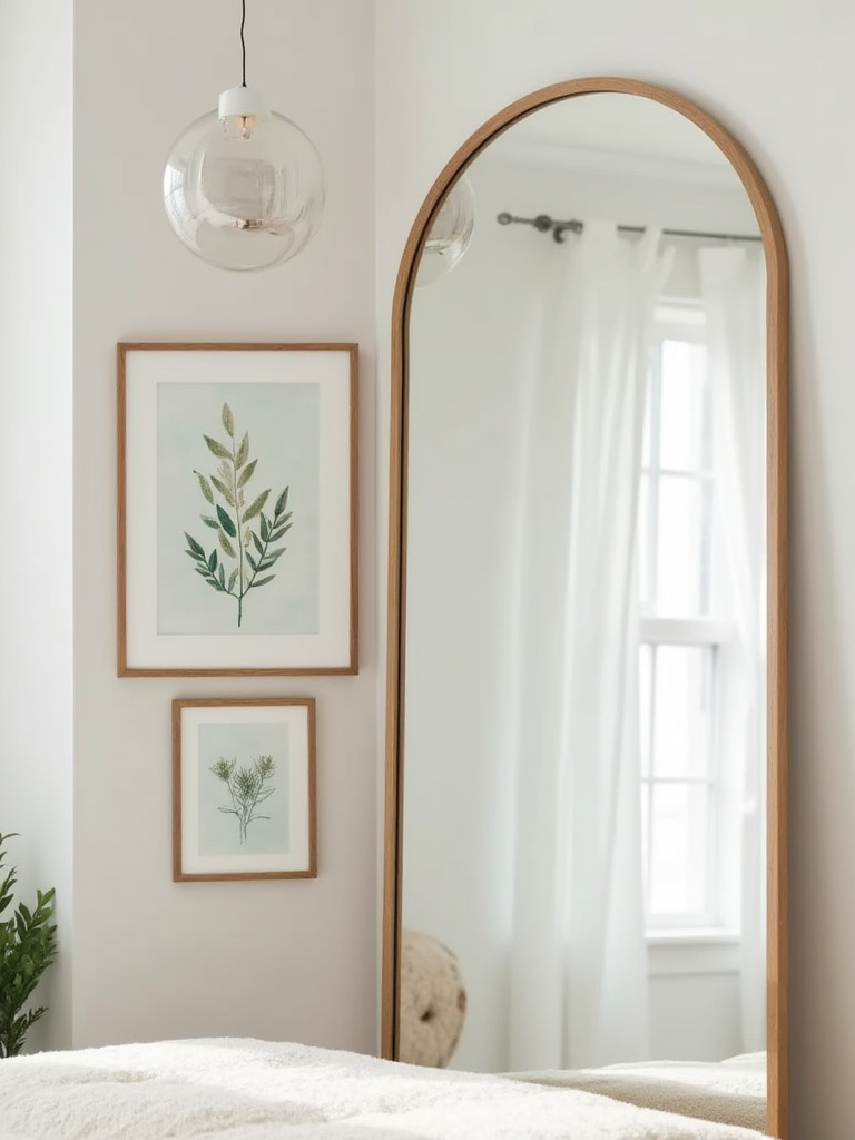 Cozy bedroom wall with an elegantly arranged large arch-top mirror reflecting natural light, flanked by two framed botanical prints and a smaller circular mirror, all part of serene bedroom decor in soft blues, greens, and neutrals, designed to reflect serenity.