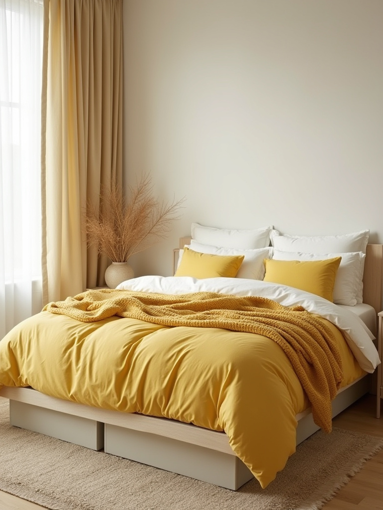 Portrait of layered yellow bedding in a modern bedroom