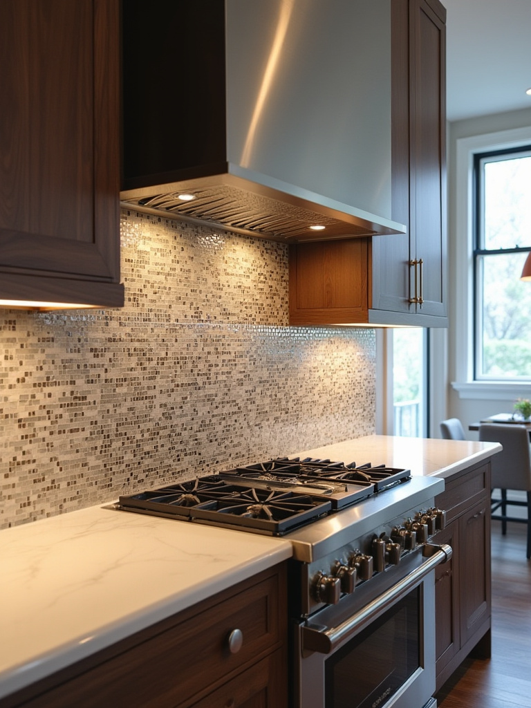 Modern kitchen with a decorative mosaic tile backsplash, acting as a visual focal point and wall protection behind a stove.