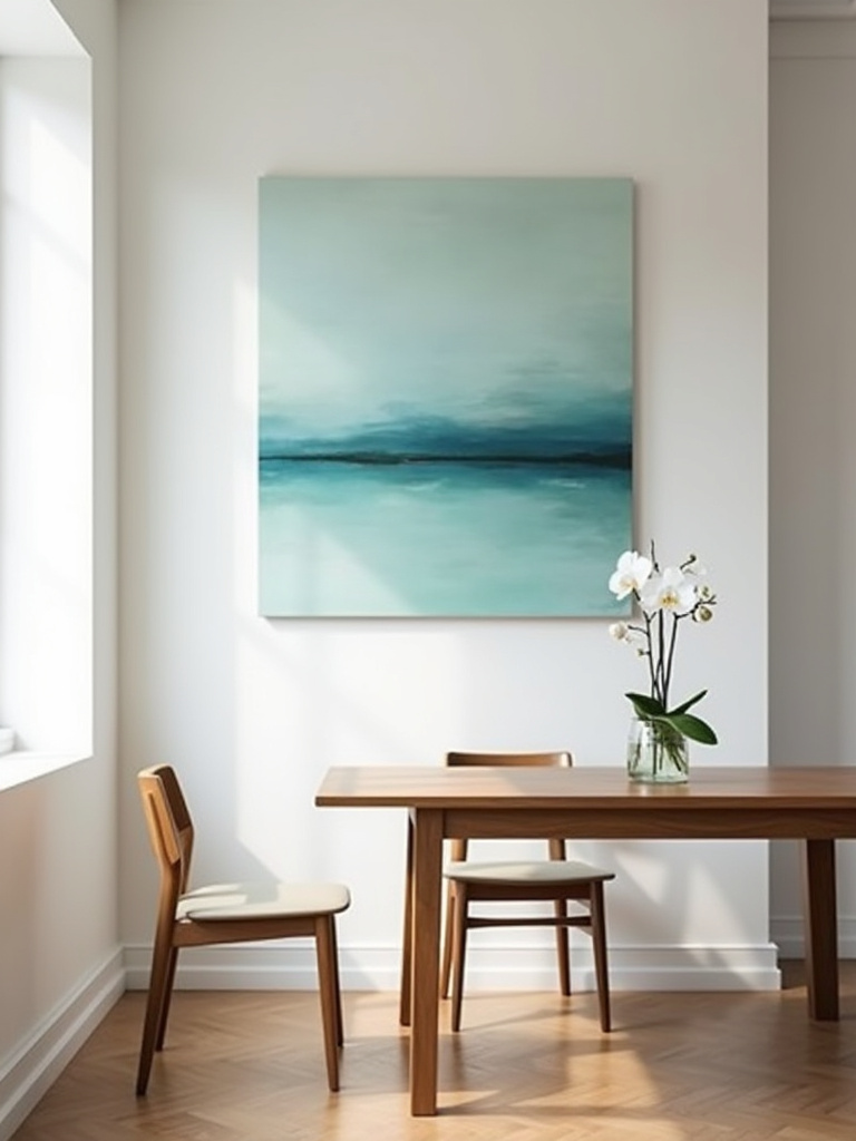 A small dining room with a large, abstract piece of artwork on the wall and minimal accessories on a sleek wooden table, illustrating clutter prevention.