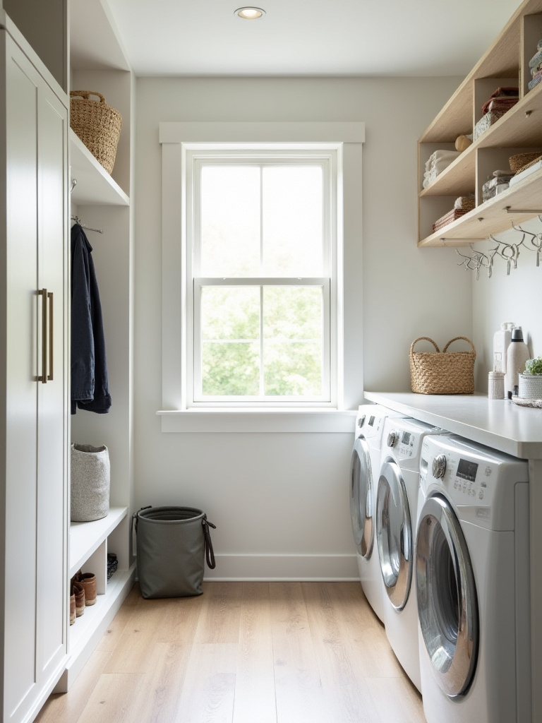 Bright and organized multi-purpose mudroom laundry room with distinct zones for storage, organization, and laundry, showcasing integrated design elements for maximum utility.