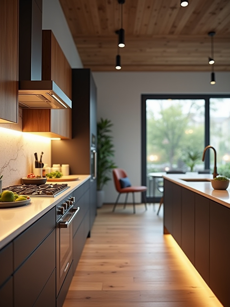 Portrait of a modern kitchen showing clearly defined activity zones with tailored lighting