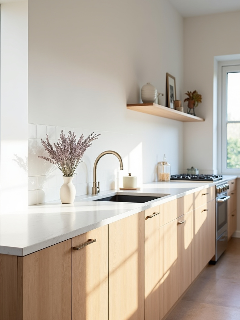 Elegant modern farmhouse kitchen interior with warm wood and matte white tiles, suggesting a defined and cohesive design style, clear light.